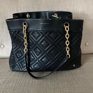 Tory Burch Black Quilted Leather Tote Gold Chain Handles